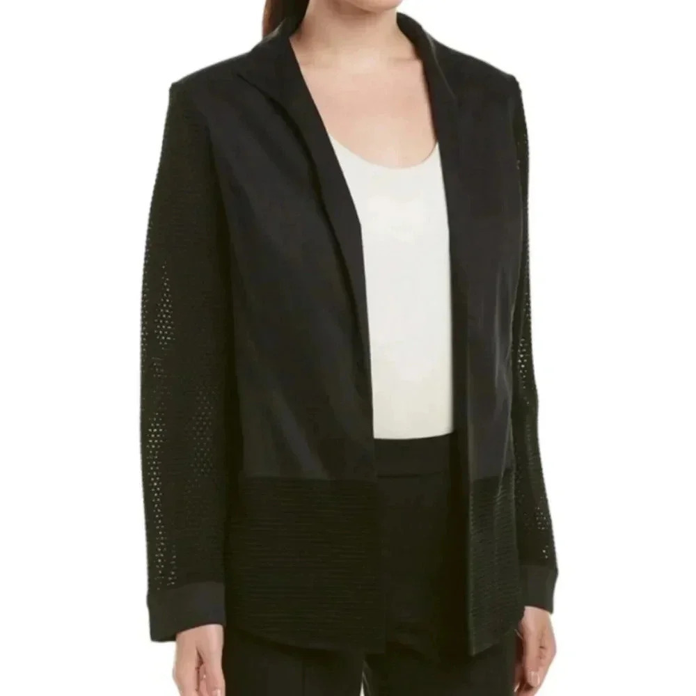 {Ming Wang} Black Mesh Long Sleeves Collar Tapered Back Open Jacket